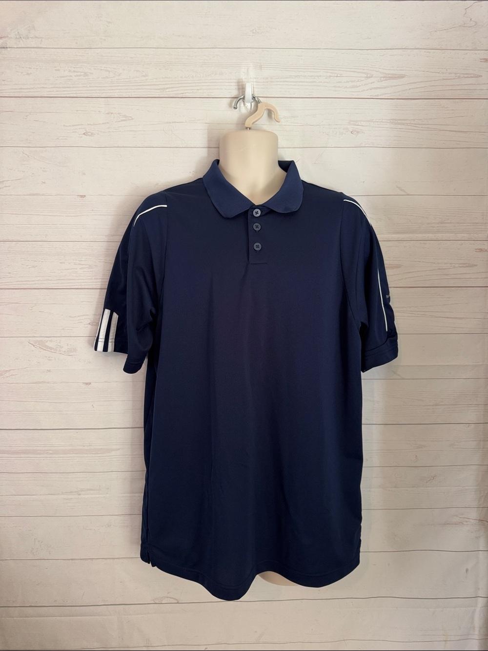 adidas Sz M ClimaLite Navy Polo Shirt w/White Stripe Accents Preppy Bloke-core